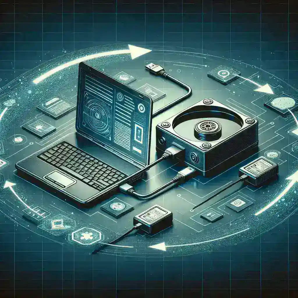 Alt text: "Ilustrasi perangkat lunak backup otomatis yang digunakan untuk mencadangkan data ke hard drive eksternal, sesuai dengan panduan lengkap untuk pengguna."