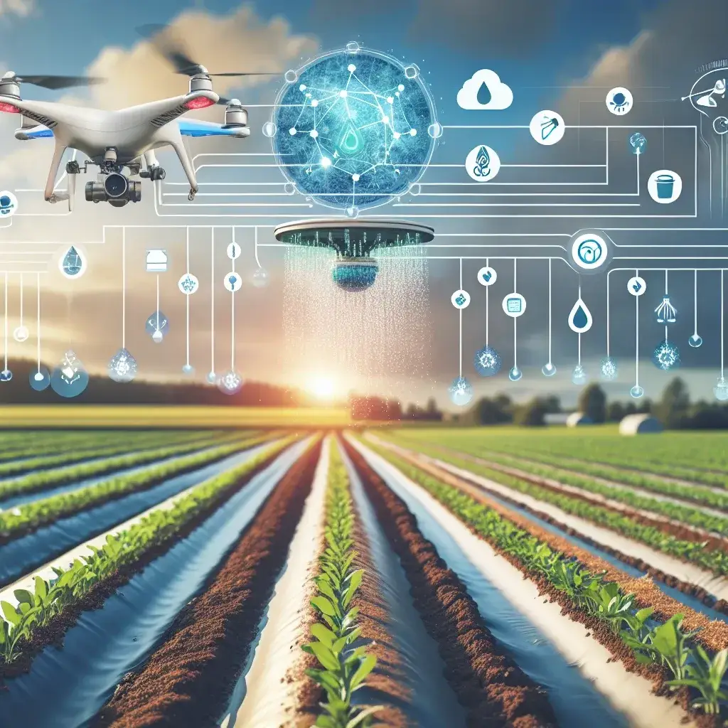 "Imagen de un sistema de riego automatizado en un campo agrícola, optimizado por inteligencia artificial para mejorar la precisión en la irrigación y la fertilización en cultivos. IA en agricultura."