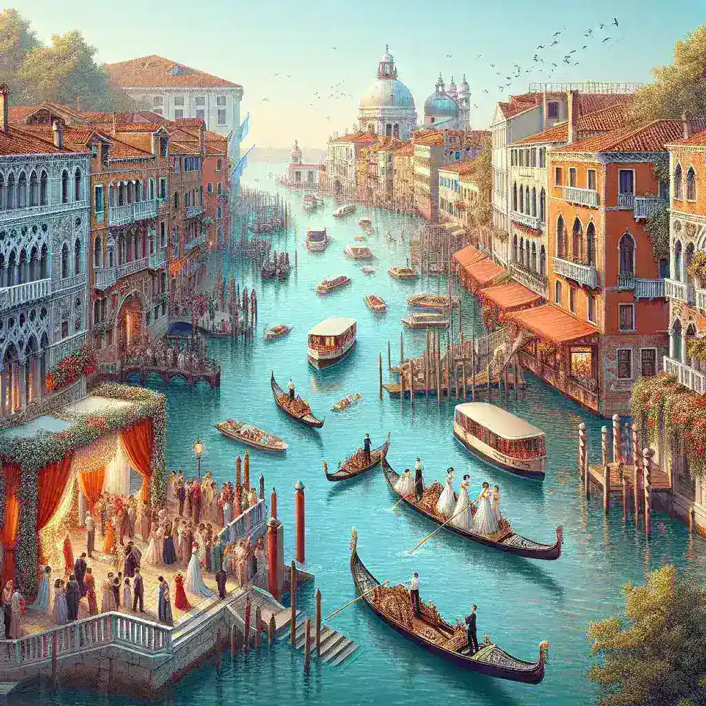 "Ilustrasi Pernikahan Mewah di Venesia yang Mempengaruhi Ketentraman Kota - analisis dampak pariwisata massal"